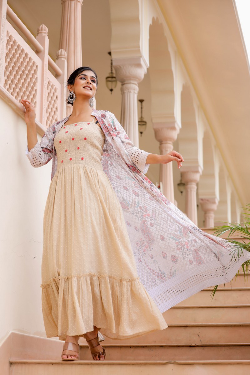 Natural Cotton Long Gown With Shrug fashiondwarclothing