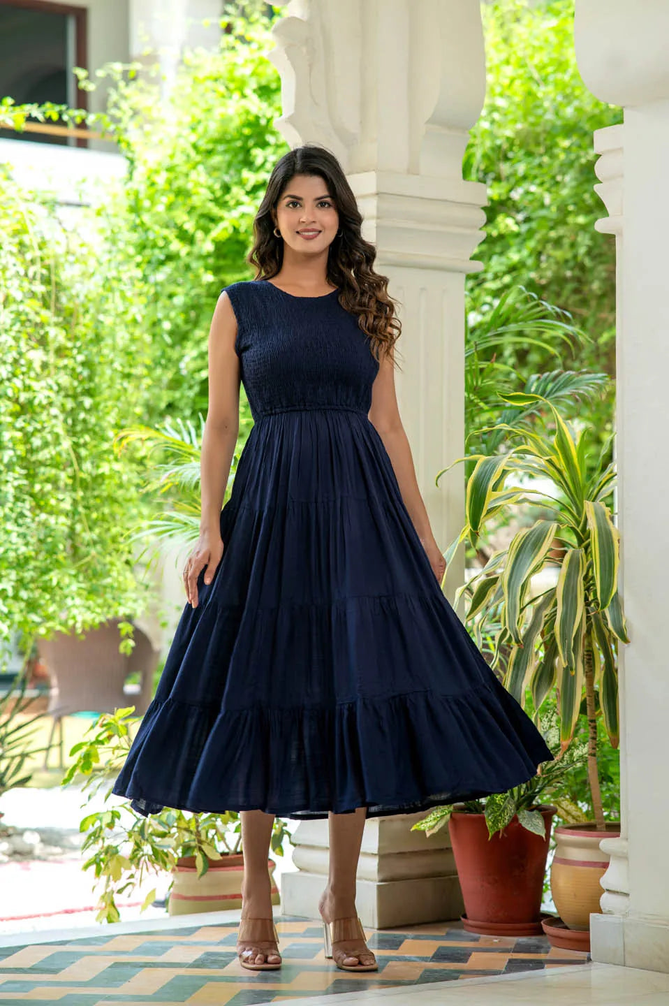 Navy fit and flare midi dress hotsell