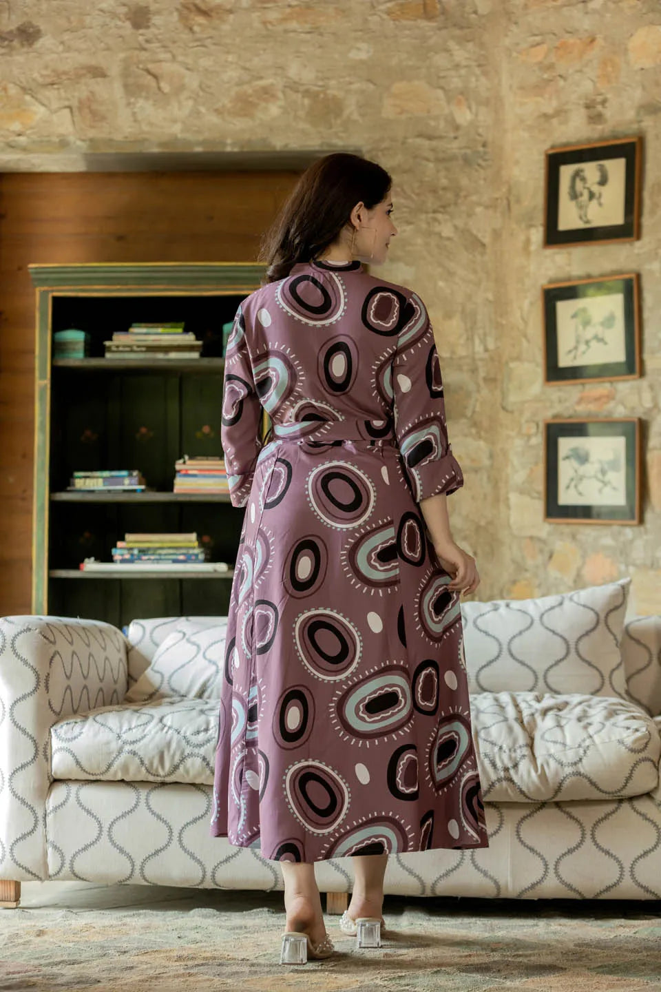 abstract printed belted maxi dress with 3 4th sleeves