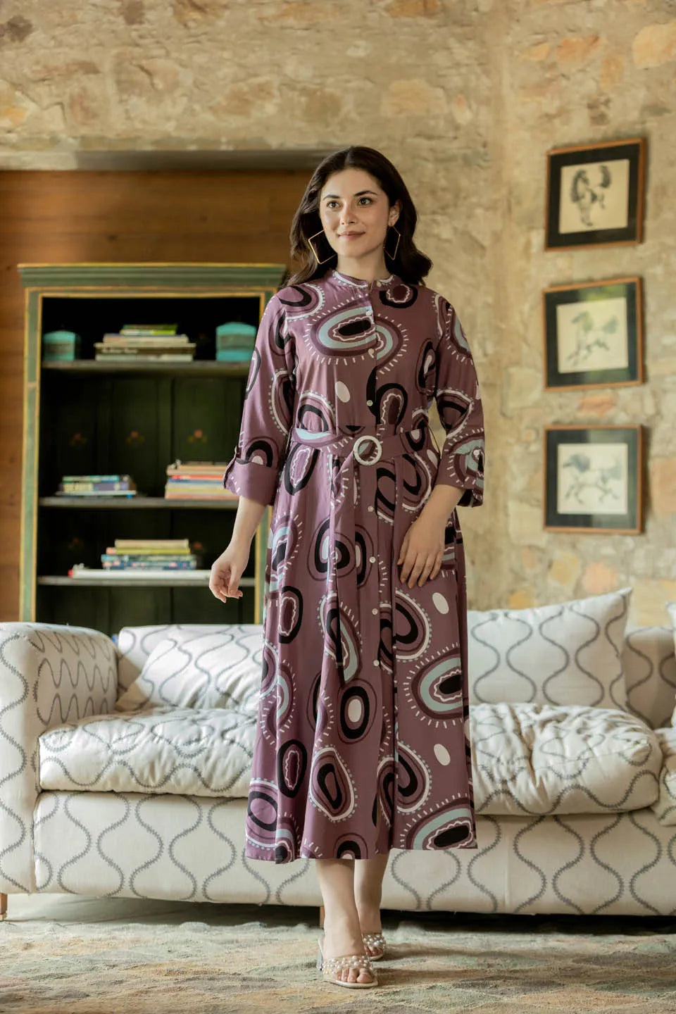 abstract printed belted maxi dress with 3 4th sleeves