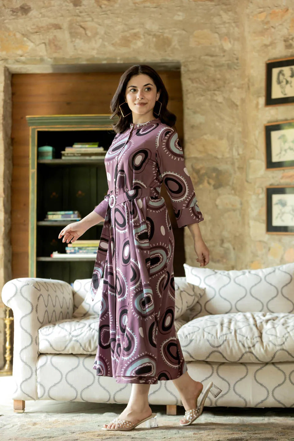 abstract printed belted maxi dress with 3 4th sleeves