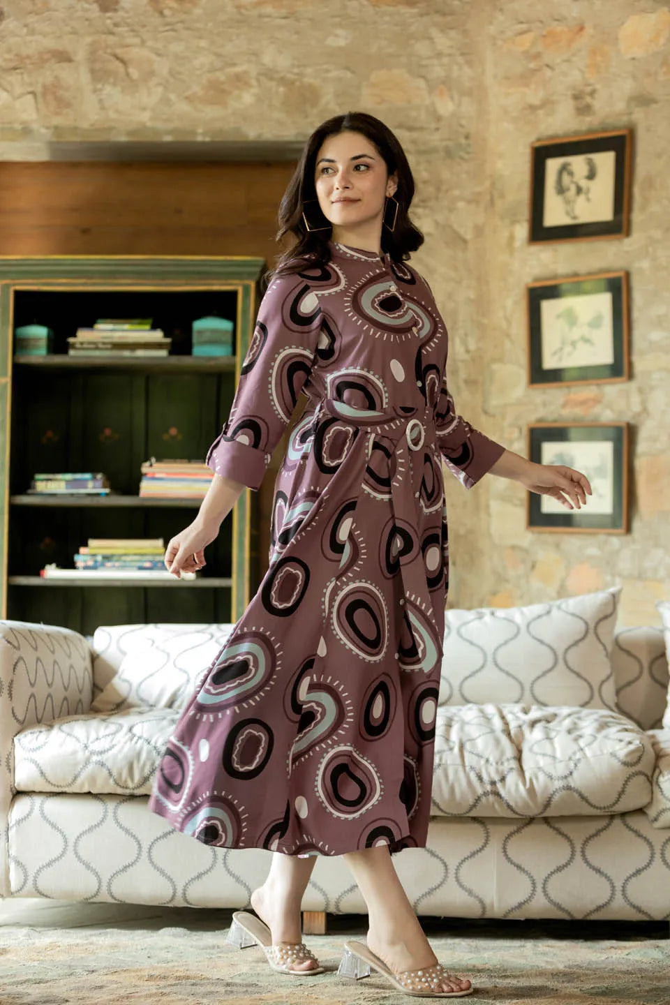 abstract printed belted maxi dress with 3 4th sleeves