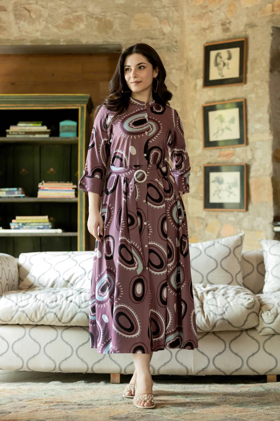 abstract printed belted maxi dress with 3 4th sleeves