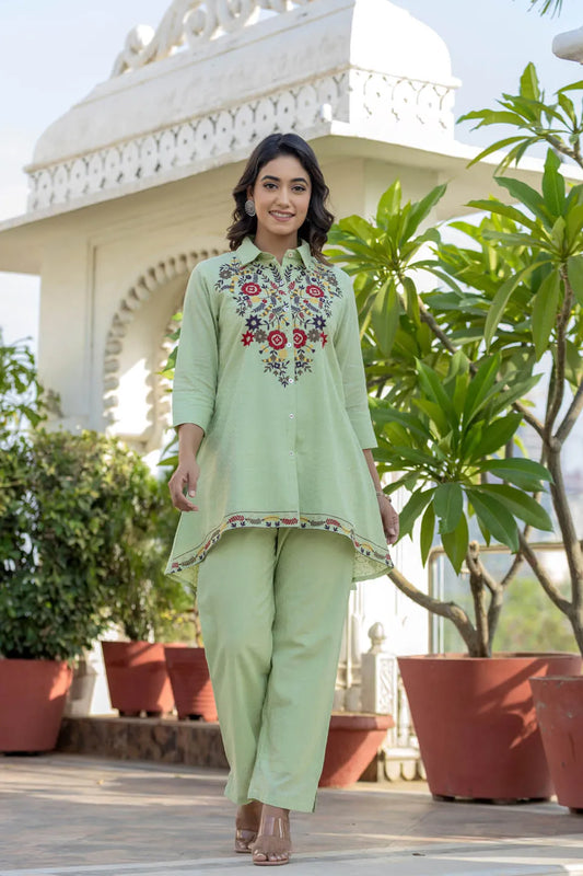 floral embroidered pure cotton straight kurti with trousers