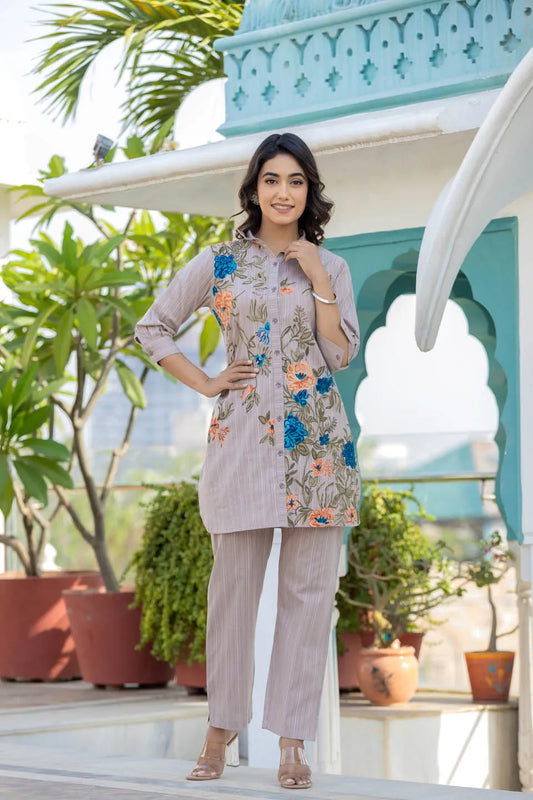 printed shirt collar pure cotton tunic with trousers