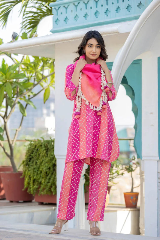 PINK PRINTED TUNIC WITH SOLID TROUSERS CO-ORD SET