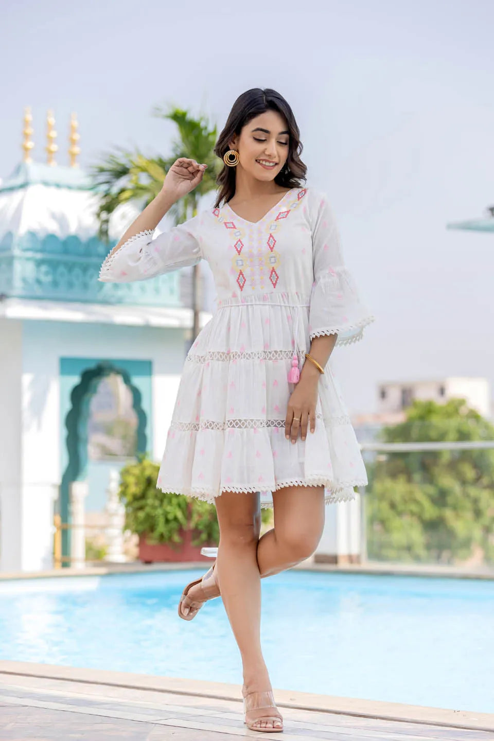 EMBROIDERED TIE-UP NECK SHORT DRESS