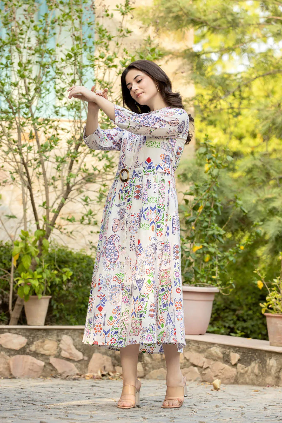 ETHNIC MULTI COLOR A LINE MIDI DRESS WITH BELTED WAIST AND MANDARIN CO fashiondwarclothing