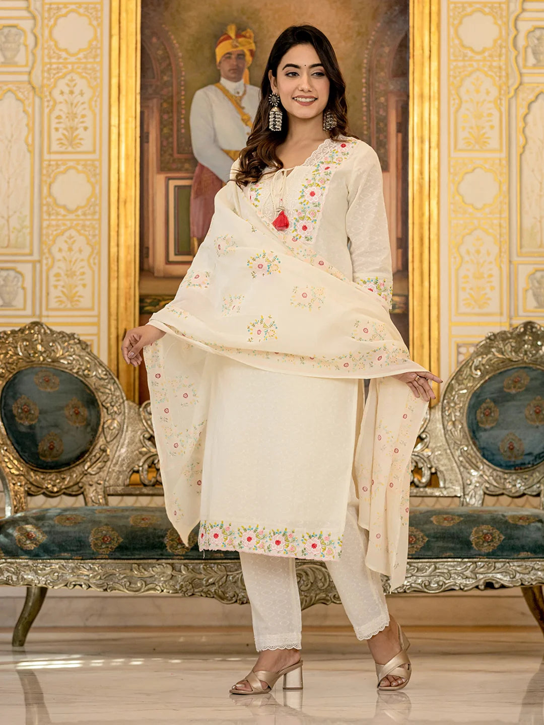 ivory elegance cotton embroidered kurta set