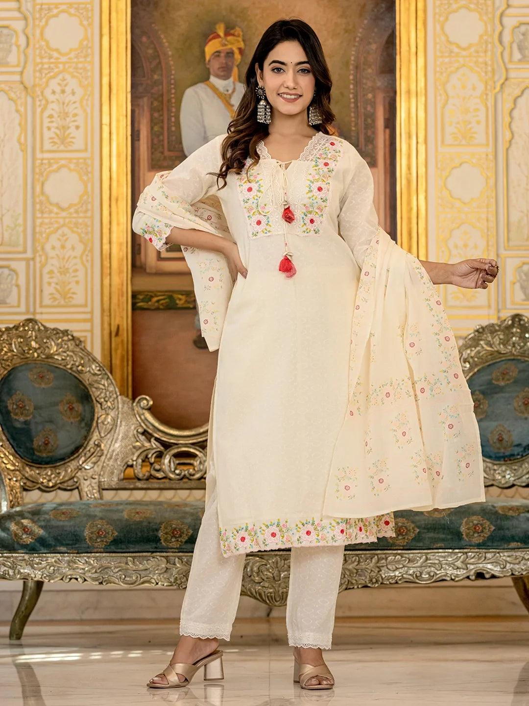 ivory elegance cotton embroidered kurta set