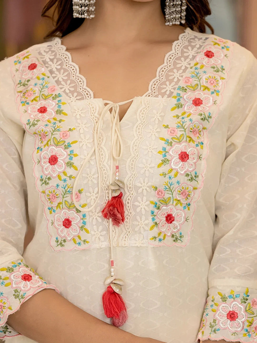 ivory elegance cotton embroidered kurta set