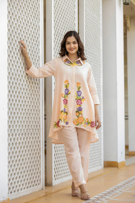 WOMEN'S CO-ORD SET IN PINK WITH EMBRODERED WORK ON COLLAR AND FRONT SIDE