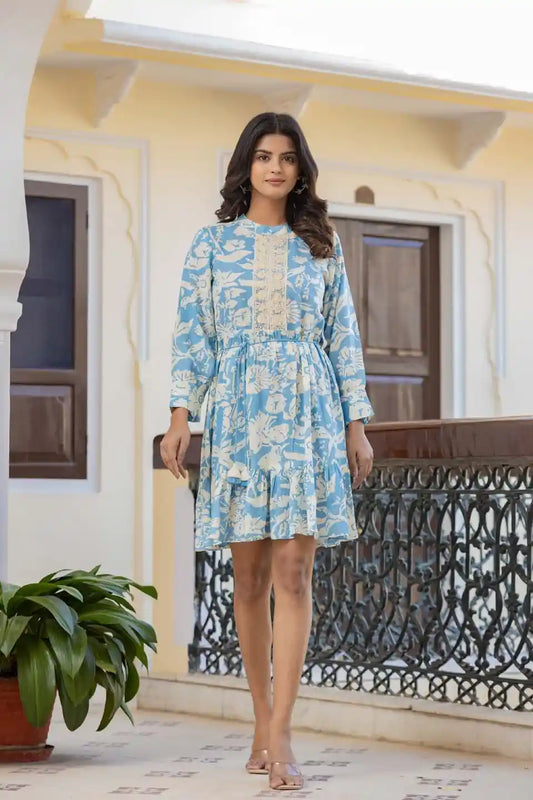 Elegant Blue Floral Fit & Flare Short Dress with Long Sleeves