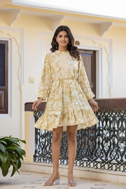 Elegant yellow floral fit & flare short dress with long sleeves