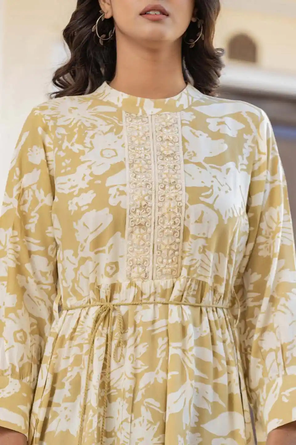 Elegant yellow floral fit & flare short dress with long sleeves