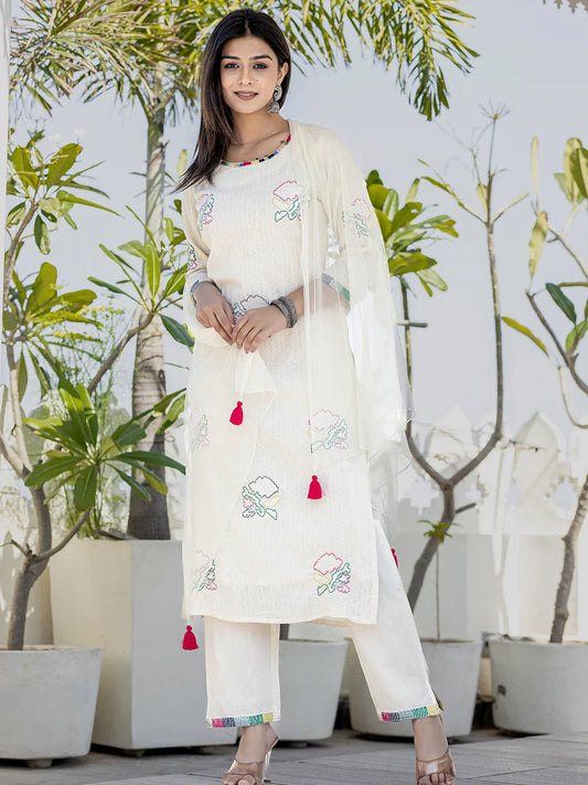 alabaster artistry embroidered white 3 piece kurta set