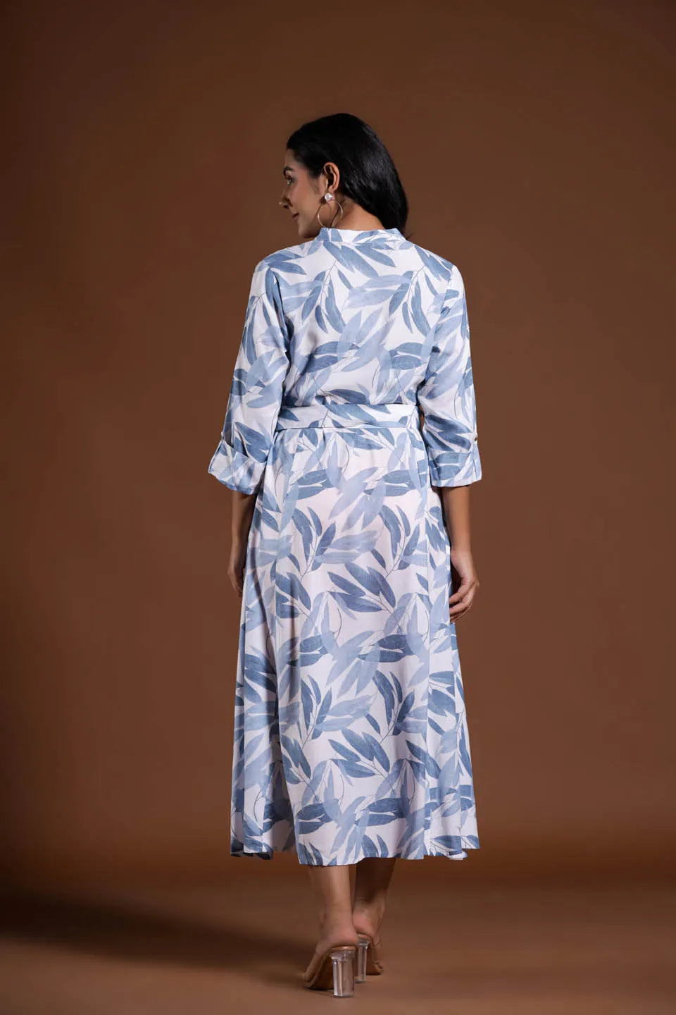 leaf print a line midi dress with belted waist