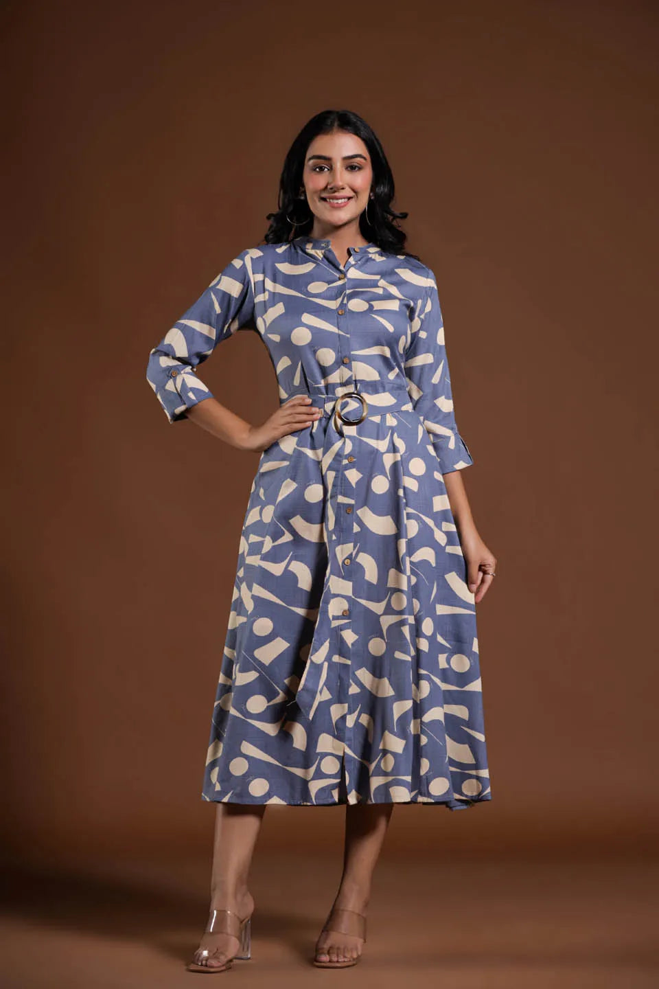 GEOMETRIC PRINT FIT & FLARE MIDI DRESS WITH SHIRT COLLAR AND BELT – CASUAL WEAR