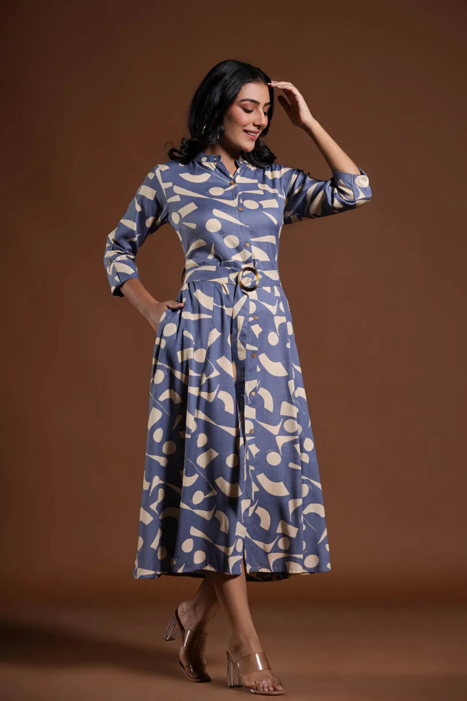 GEOMETRIC PRINT FIT & FLARE MIDI DRESS WITH SHIRT COLLAR AND BELT – CASUAL WEAR