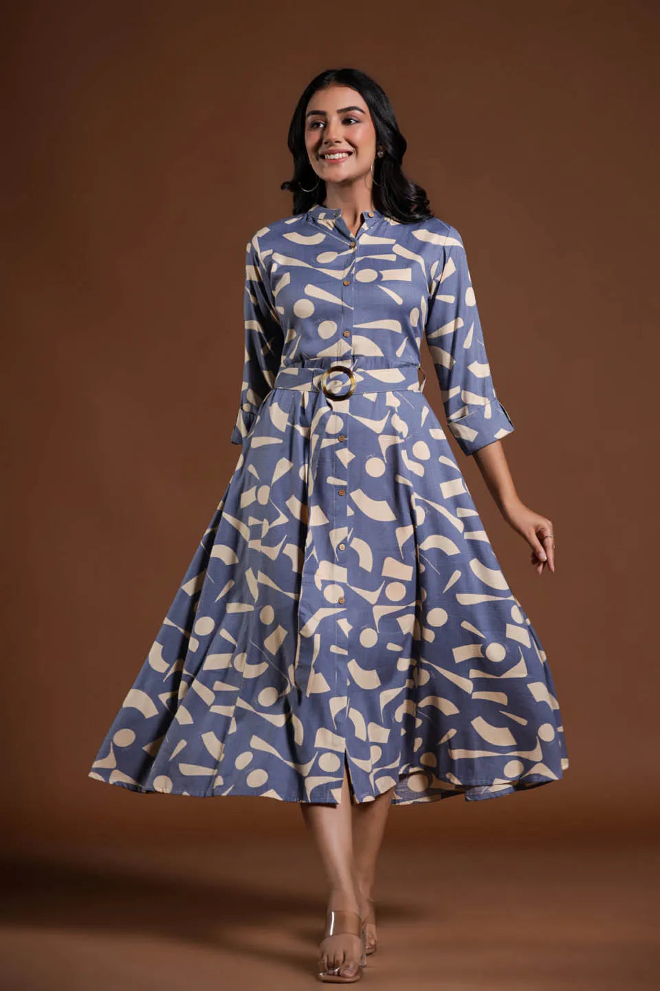 GEOMETRIC PRINT FIT & FLARE MIDI DRESS WITH SHIRT COLLAR AND BELT – CASUAL WEAR