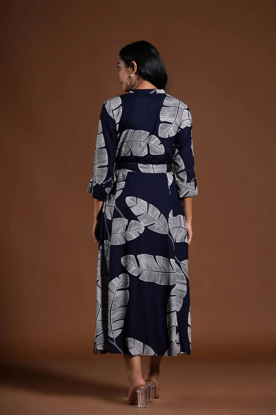 BOTANICAL NAVY A-LINE MIDI DRESS WITH BELTED WAIST