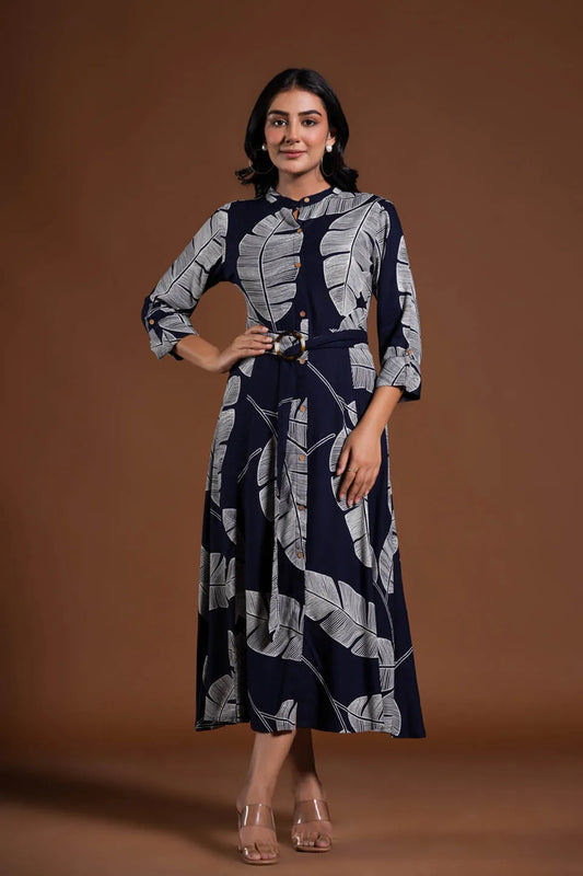 BOTANICAL NAVY A-LINE MIDI DRESS WITH BELTED WAIST