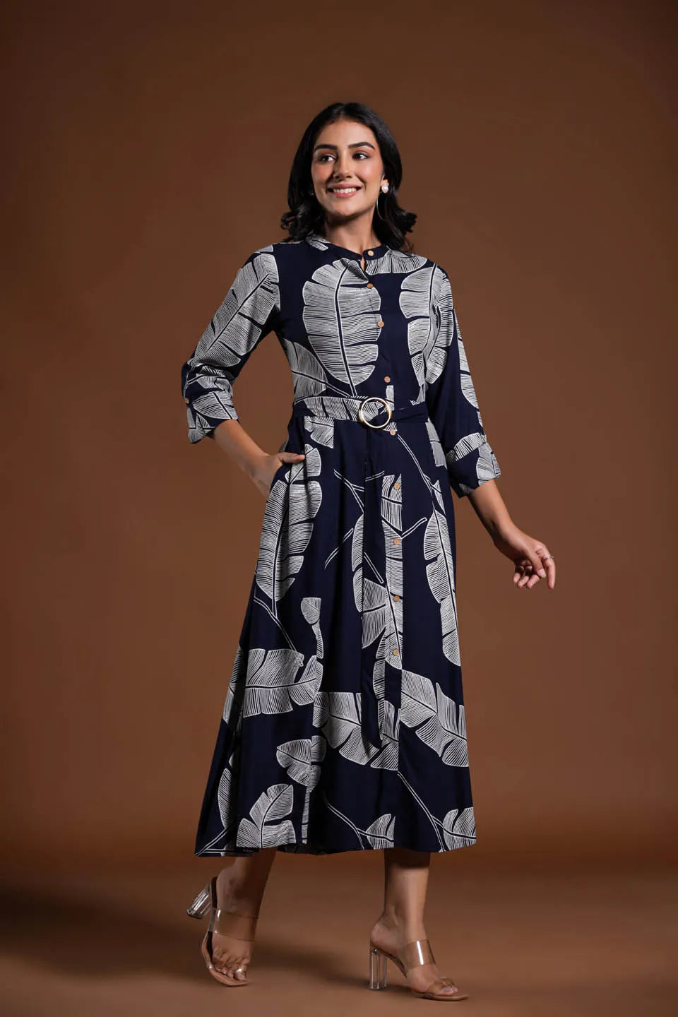 BOTANICAL NAVY A-LINE MIDI DRESS WITH BELTED WAIST