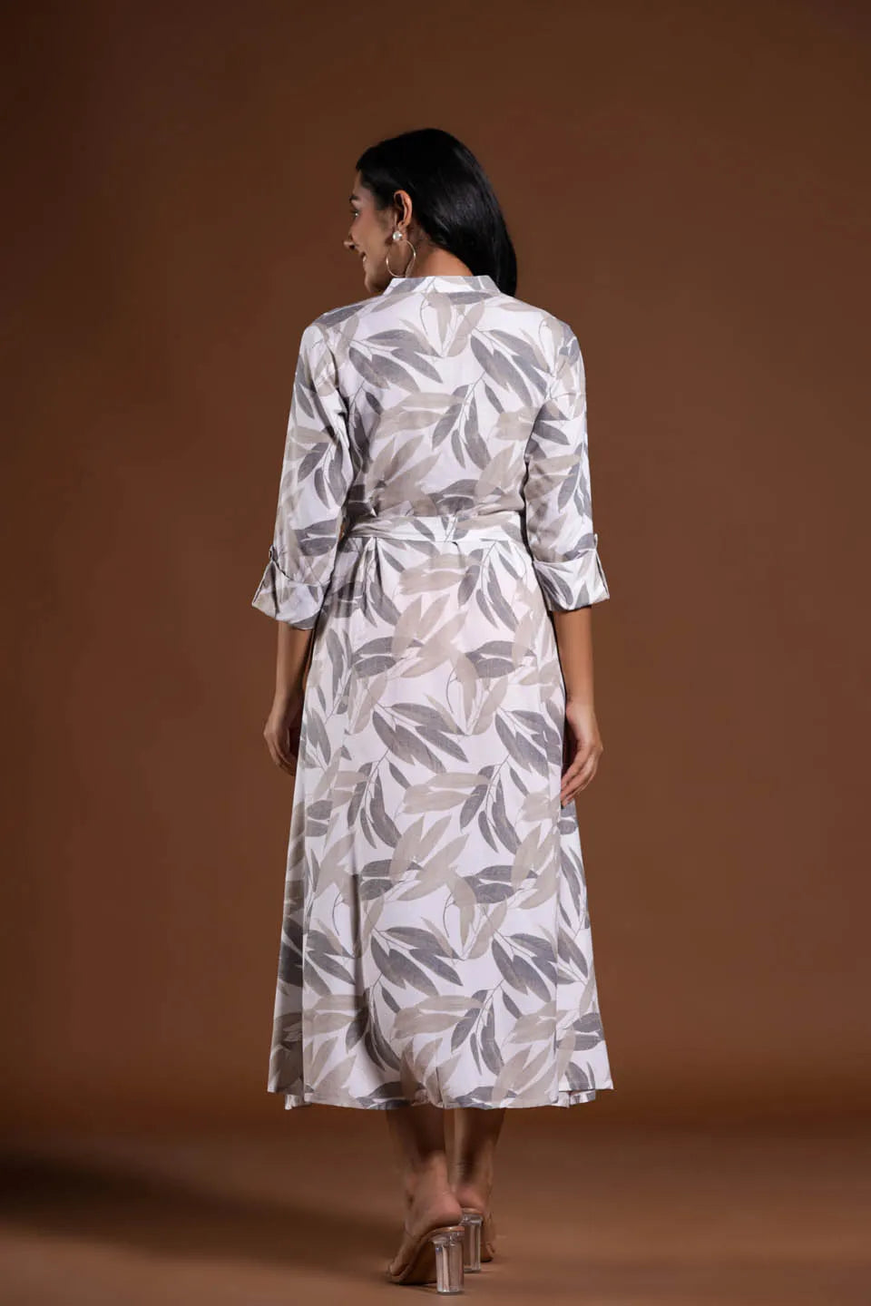 leaf print a line midi dress with belted waist