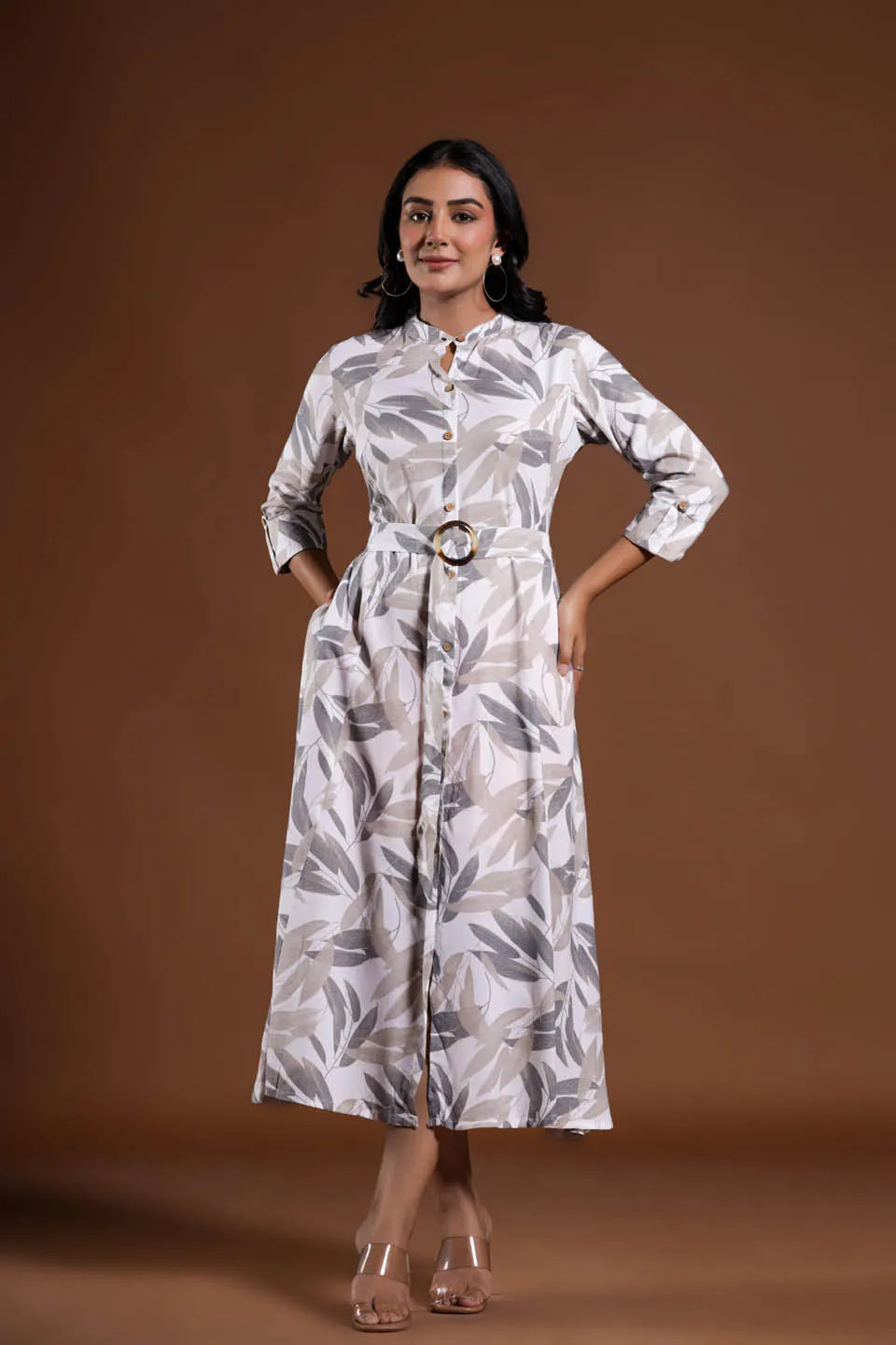 leaf print a line midi dress with belted waist