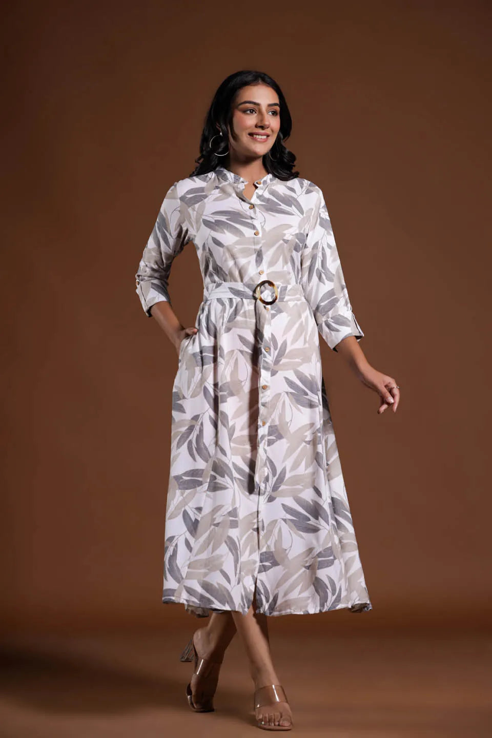 leaf print a line midi dress with belted waist