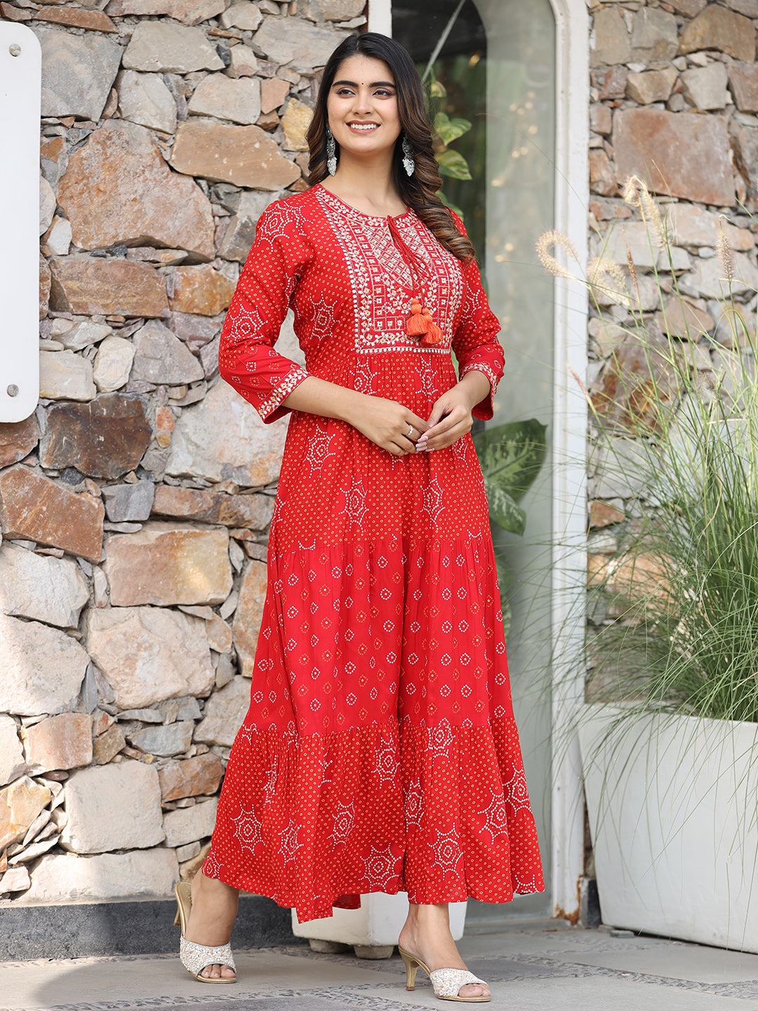 WOMEN'S RED RED PRINTED LONG GOWN