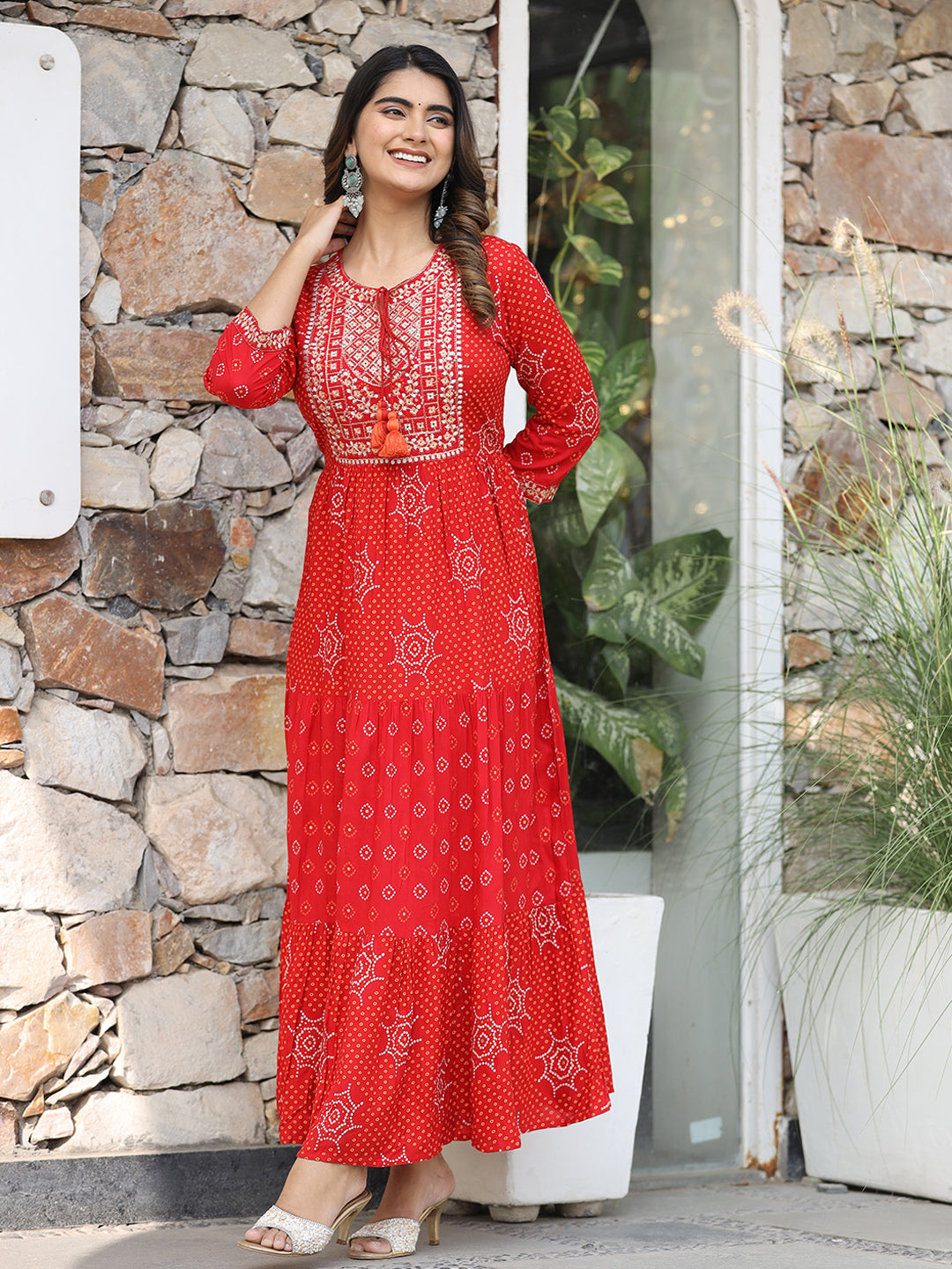 WOMEN'S RED RED PRINTED LONG GOWN