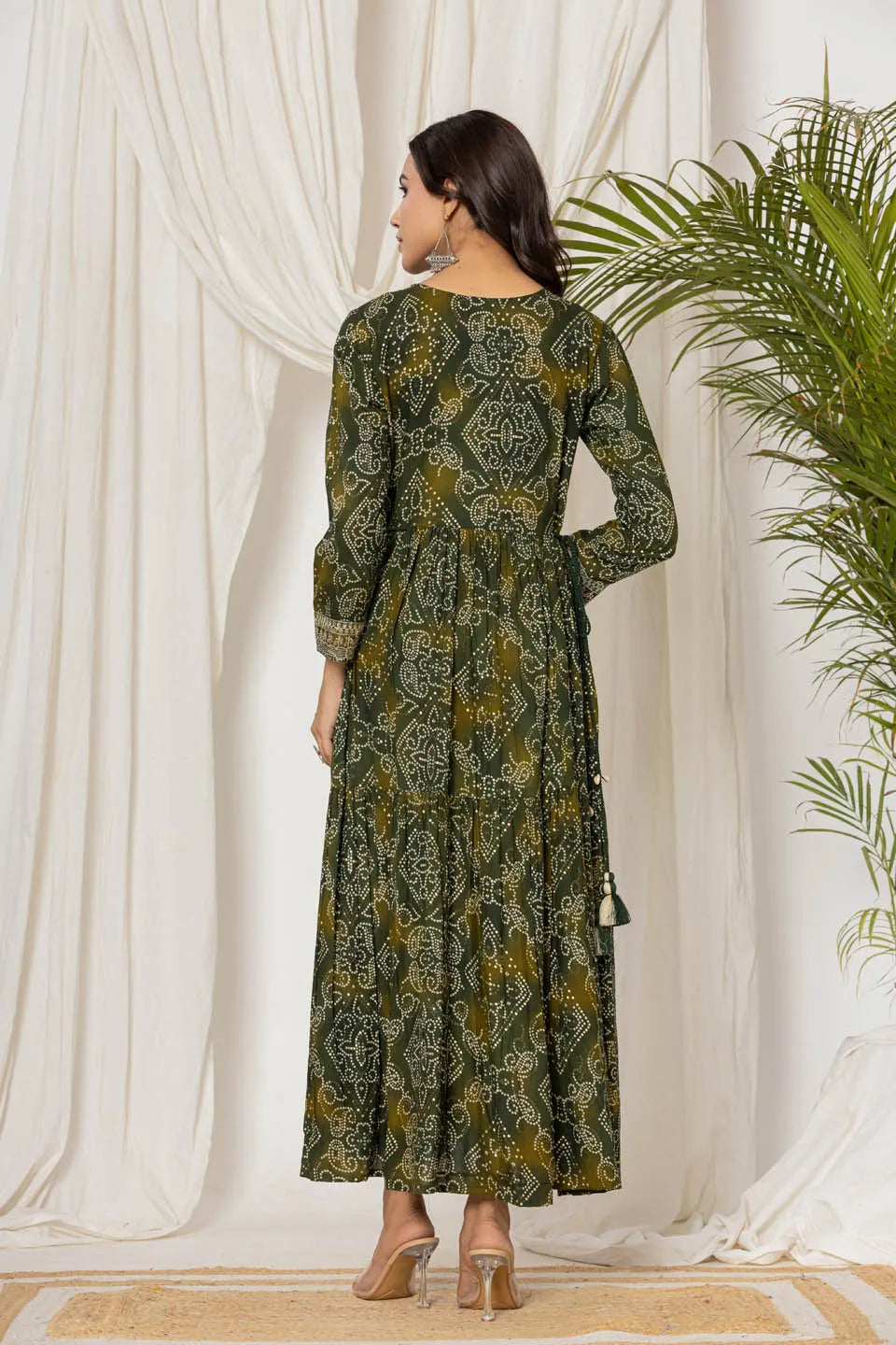 womens rayon long dress with embroidered detailing on neckline and sleeves