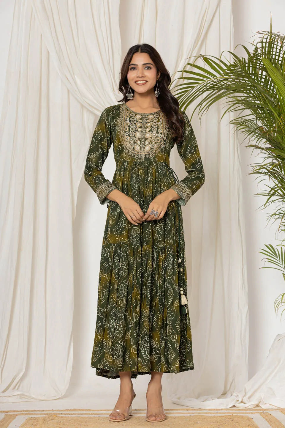 womens rayon long dress with embroidered detailing on neckline and sleeves