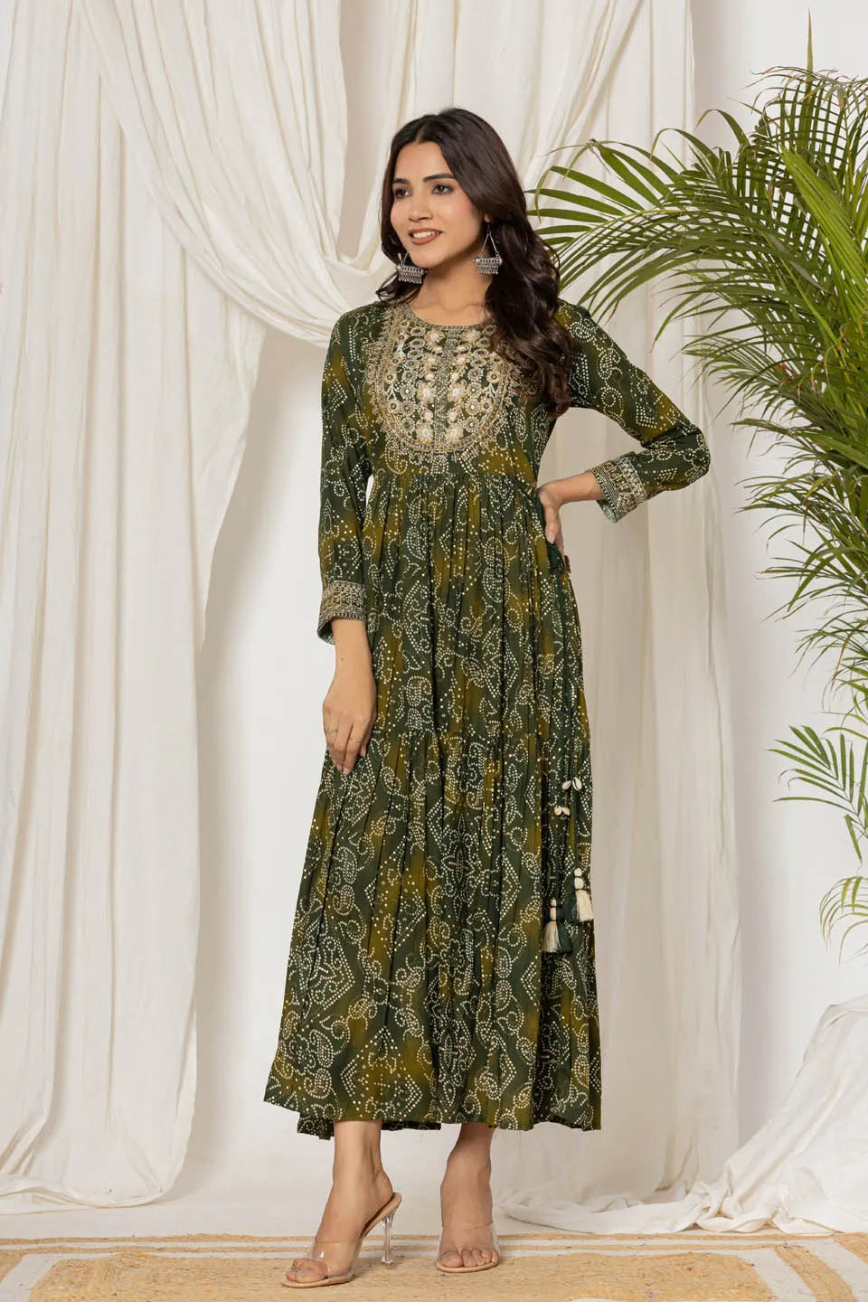 womens rayon long dress with embroidered detailing on neckline and sleeves