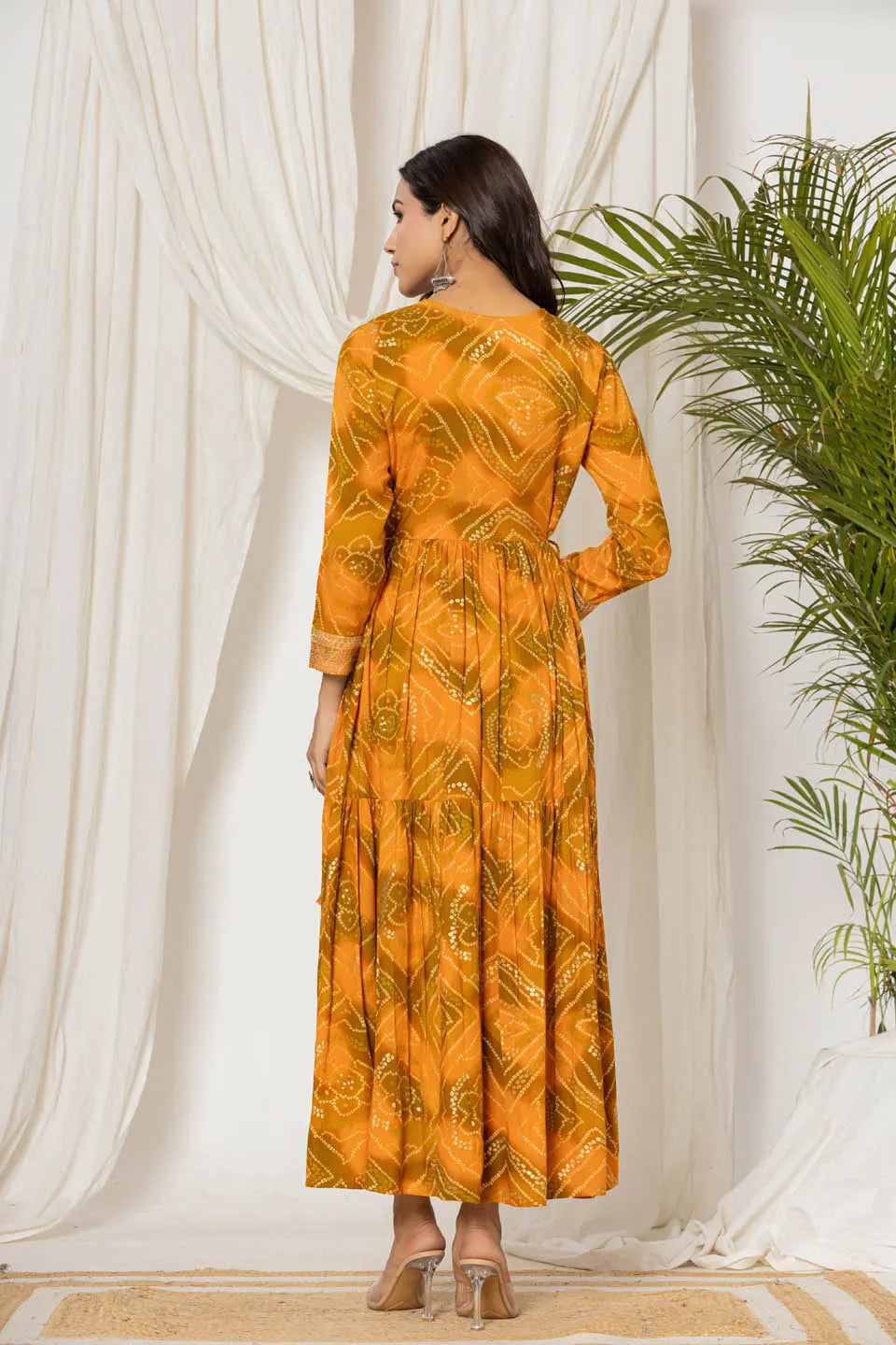 womens mustard colour bandhej print long kurta