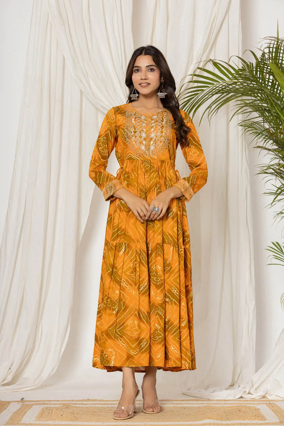 womens mustard colour bandhej print long kurta