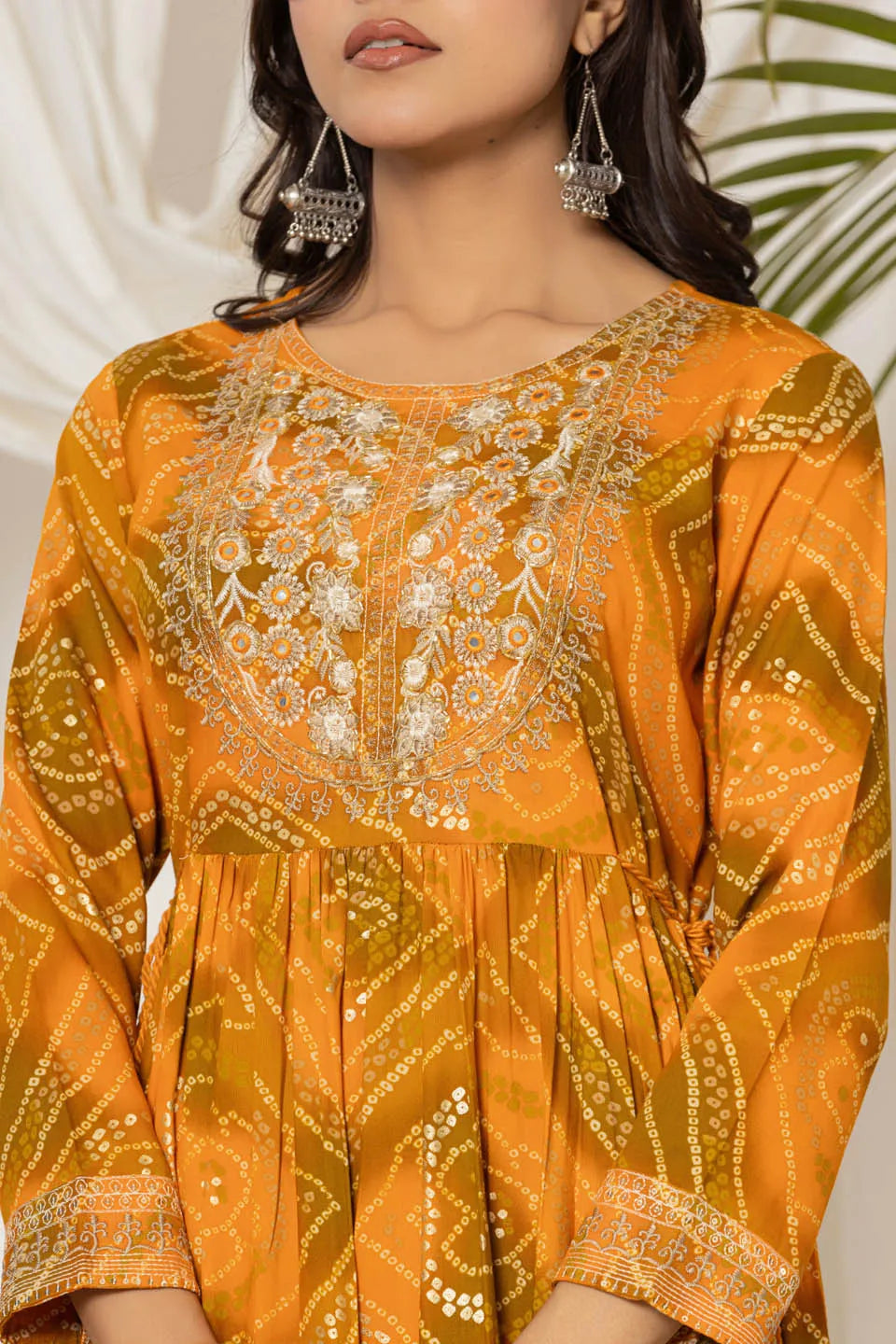 womens mustard colour bandhej print long kurta