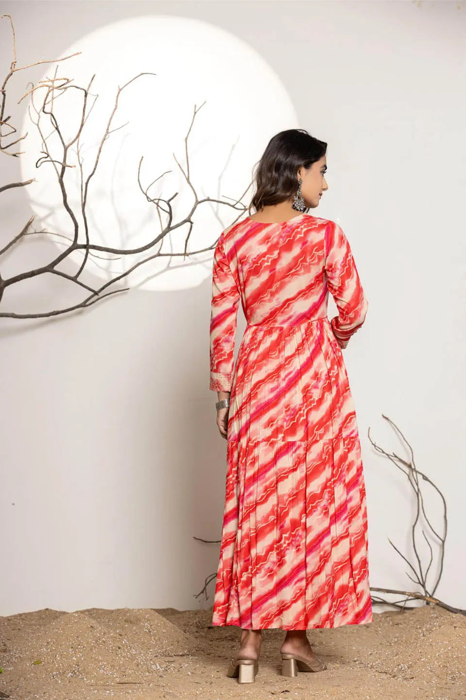 stylish full sleeve printed rayon dress with embroidered neckline 51 inches