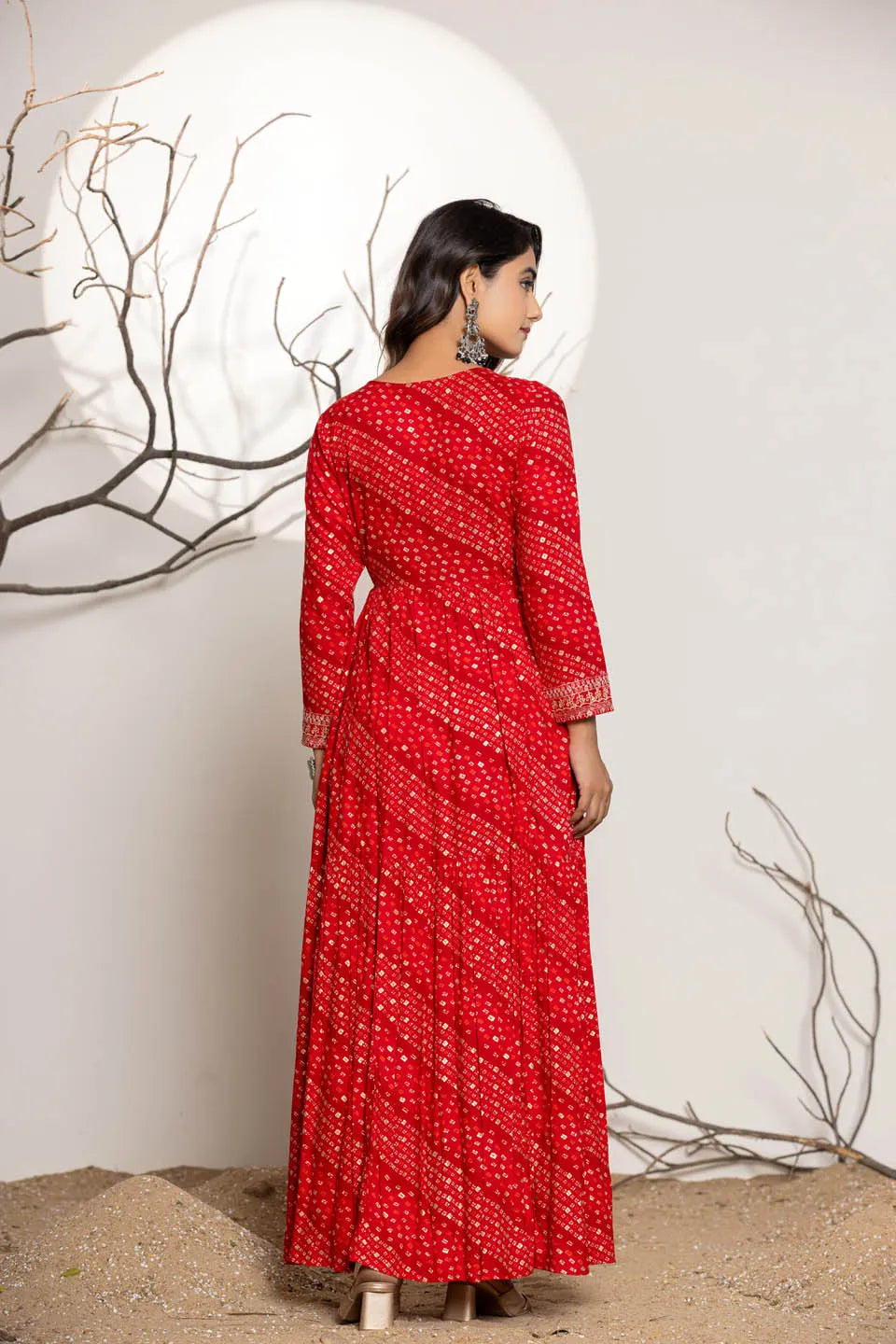 red ethnic motifs print maxi dress for women