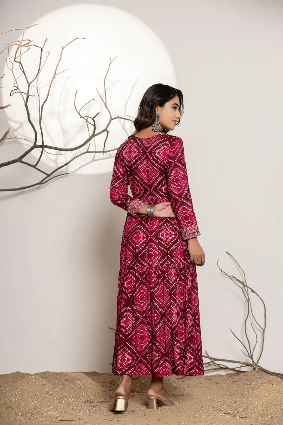 womens long dress in reyon embroidery work on neckline and sleeves