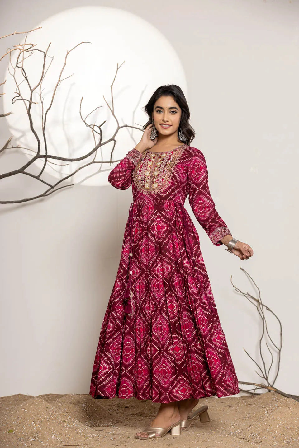 womens long dress in reyon embroidery work on neckline and sleeves