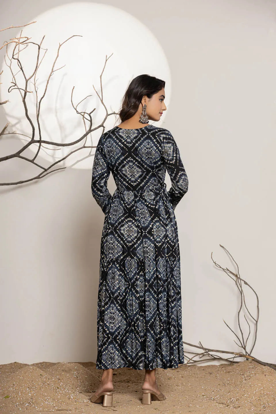 womens long dress in reyon embroidery work on neckline and sleeves