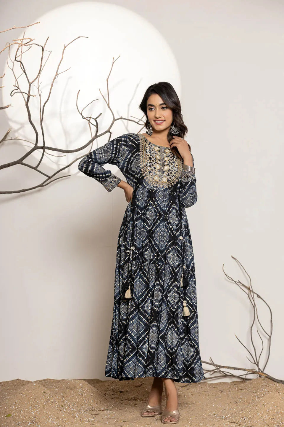 womens long dress in reyon embroidery work on neckline and sleeves