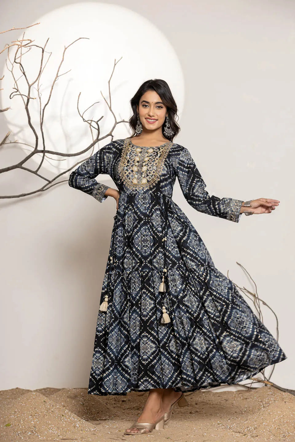 womens long dress in reyon embroidery work on neckline and sleeves