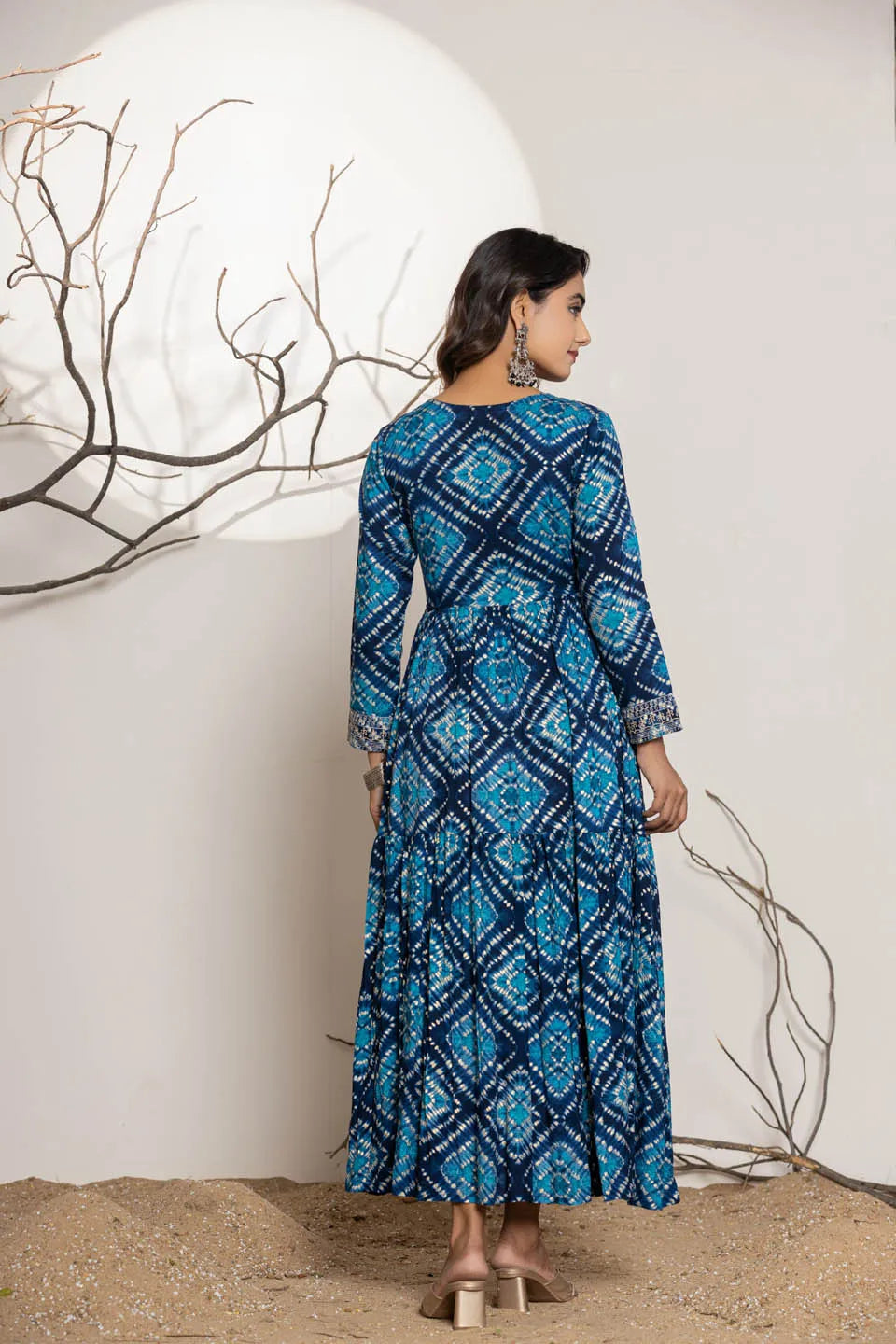 womens long dress in reyon embroidery work on neckline and sleeves