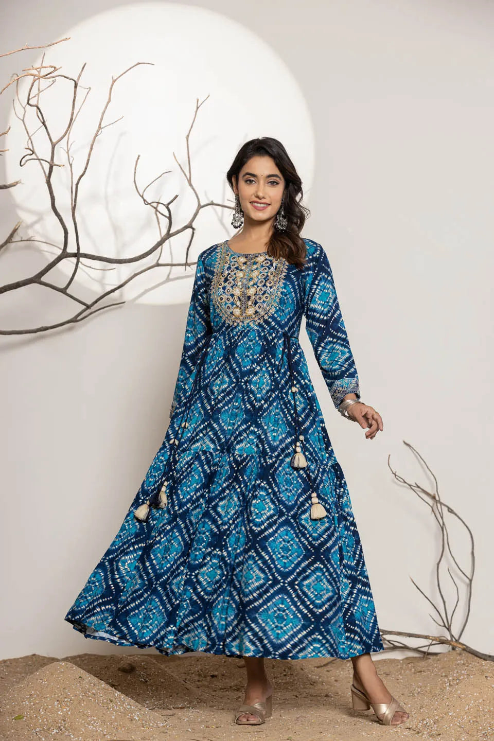 womens long dress in reyon embroidery work on neckline and sleeves