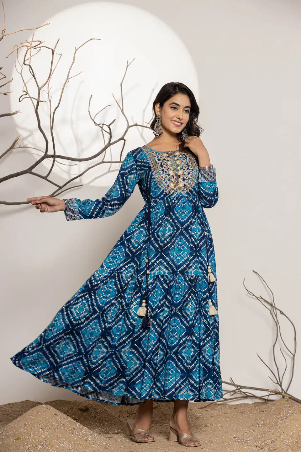 womens long dress in reyon embroidery work on neckline and sleeves