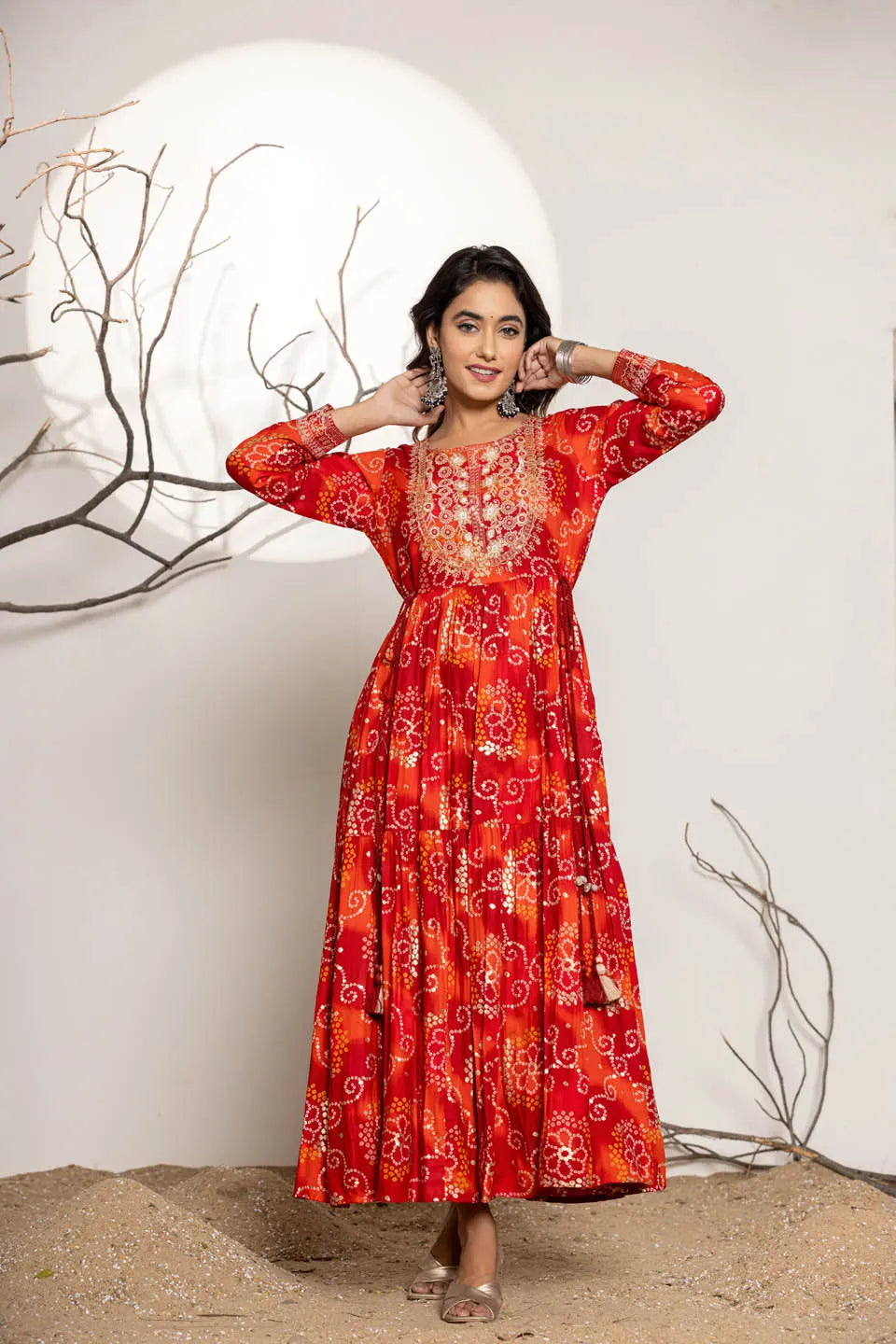 women ethnic motifs round neck full sleeves maxi dress