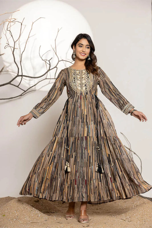 womens printed rayon long dress with embroidery work